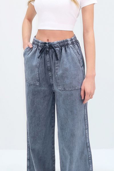 Trend Alaçatı Stili Női indigókék dupla zsebes megkötős Gabardine Palazzo nadrág ALC-X13514