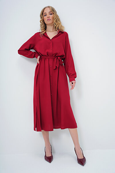 Trend Alaçatı Stili Women's Burgundy Woven Viscose Shirt Dress Alc-X13519