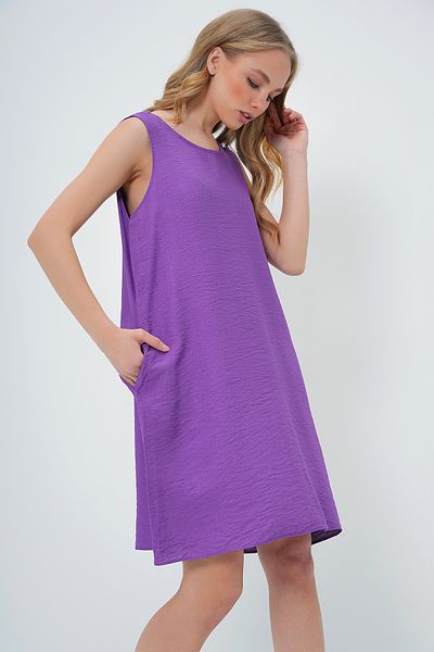 Trend Alaçatı Stili Women's Purple U Neck Zero Sleeve Double Pocket Aerobin Summer Dress Alc-X13575