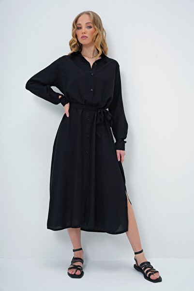 Trend Alaçatı Stili Kadın Siyah Dokuma Viskon Gömlek Elbise ALC-X13519