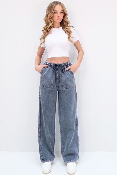 Trend Alaçatı Stili Női indigókék dupla zsebes megkötős Gabardine Palazzo nadrág ALC-X13514