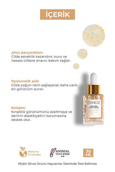 SİNOZ 24K Altın Parçacıklı Hyalüronik Asit Kolajen içeren Kırışıklık Karşıtı Cilt Bakım Serumu 30 ml