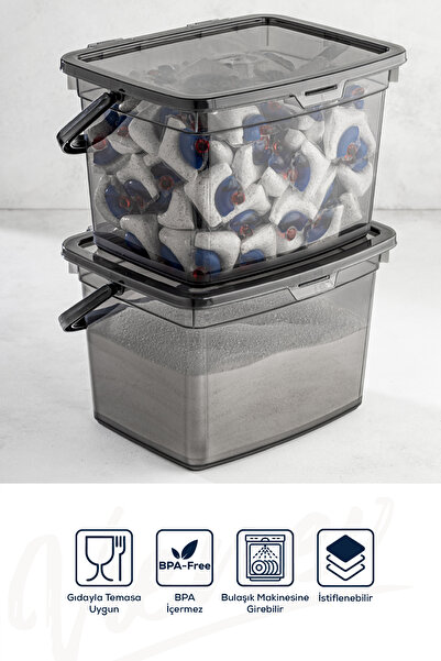 Vienev 2'li 4 Litre Beyaz Serigrafi Etiketli Deterjanlık Saklama Kutusu Kabı Antrasit