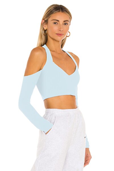 By Kul Design Γυναικείο Crop Top από μπλε μεταξωτό ζέρσεϊ - Με λουράκια που δένουν το λαιμό