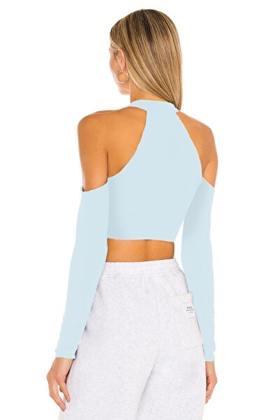 By Kul Design Γυναικείο Crop Top από μπλε μεταξωτό ζέρσεϊ - Με λουράκια που δένουν το λαιμό