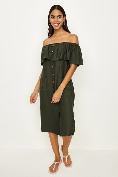 Select Moda Women's Khaki Carmen Collar Button Detailed Dress