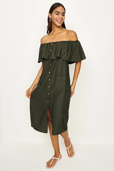 Select Moda Women's Khaki Carmen Collar Button Detailed Dress