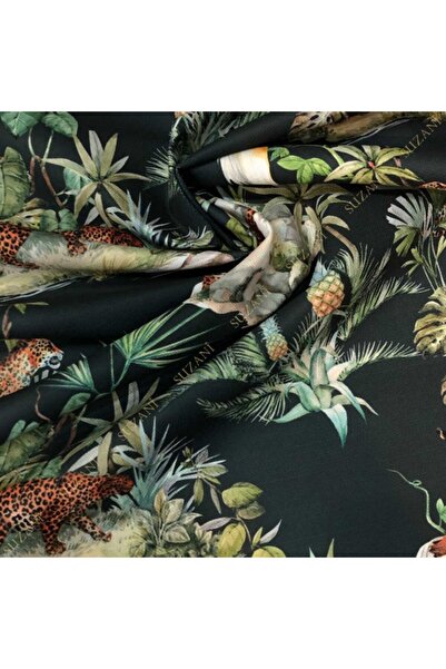 SUZANİ Antrasit Zemin Leopar Desenli Dijital Baskılı Kumaş Kms-1284