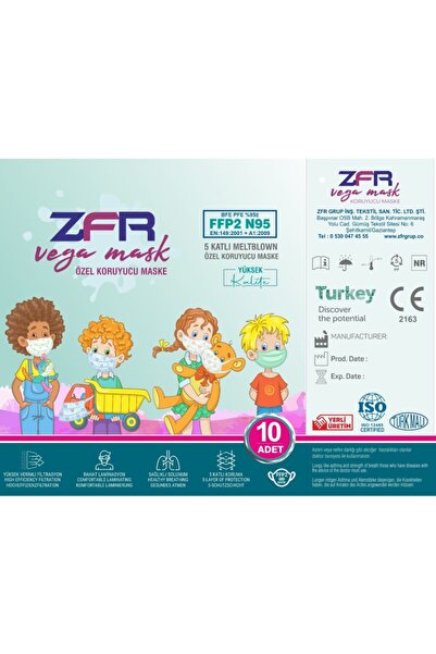 zfr vega mask N95 Çocuk Maskesi (Kız-Erkek) (10 Adet)