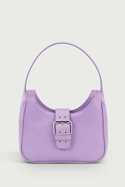 Housebags Kadın Lila Tokalı Timsah Desenli Baguette Çanta