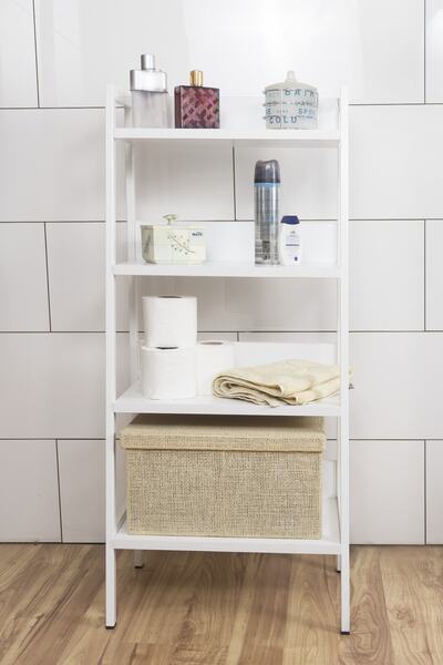 Mudesa Metal Ahşap Dekoratif Aöık Banyo Dolabı Konik Banyo Rafı 4 Raflı Beyaz Çok Amaçlı Banyo Organizer