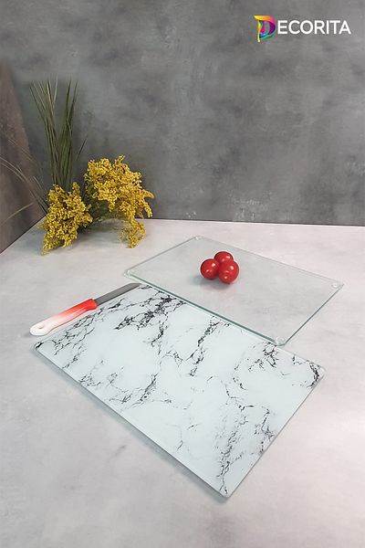Decorita Glass Cutting Board - Glass Cutting Board |   Set of 2 White Marble Look and Translucent |   20cm X 30cm