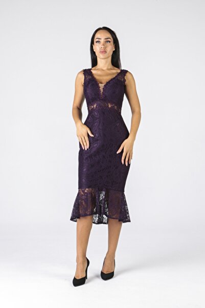 ALİS DRESS Eteği Volanlı Dantel Mor Elbise