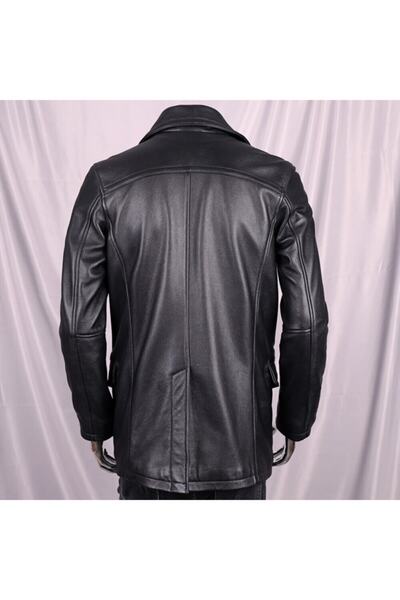 DESARO Erkek Siyah Trençkot Hakiki Deri Kruvaze Yaka