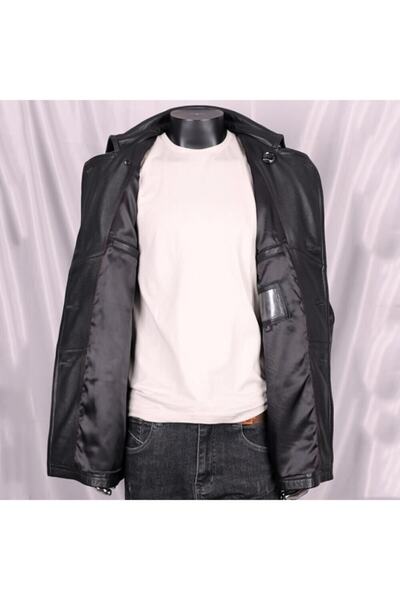 DESARO Erkek Siyah Trençkot Hakiki Deri Kruvaze Yaka