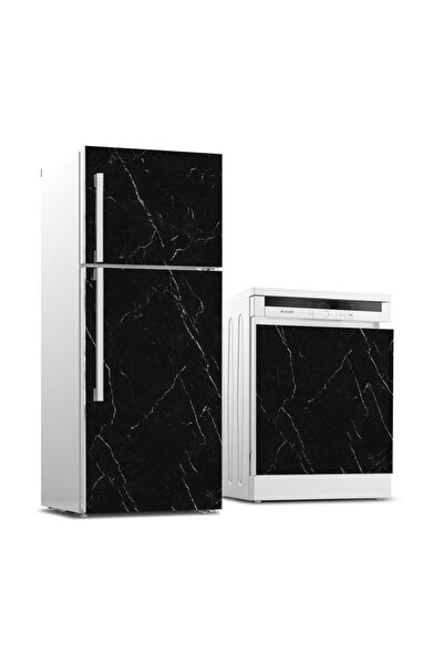 StickerArt Buzdolabı ve Bulaşık Makinesi Beyaz Eşya Sticker Kaplama Siyah Mermer