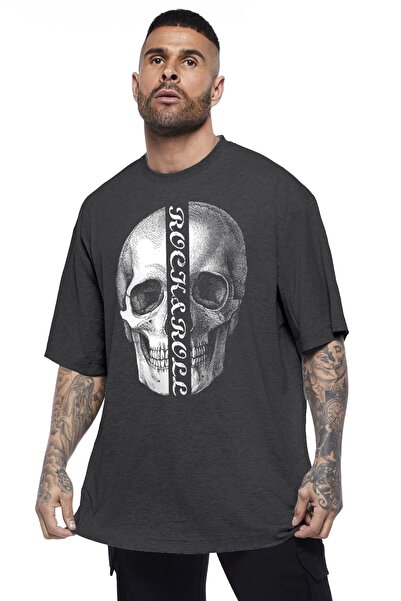 ROCKANDROLL Ανδρικό κοντομάνικο μπλουζάκι Anthracite Half Skull Oversize
