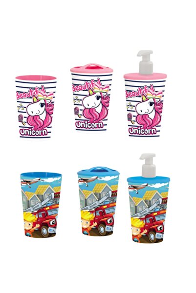 Herevin Desenli Bardak Dişfırçalık Sıvı Sabunluk Banyo Set Unicorn Araba Karı...