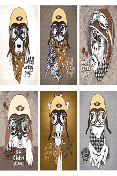 Hayat Poster Σετ 6 Mini Retro Biker Animal Chunks - Σετ ξύλινης αφίσας, τυπωμ...
