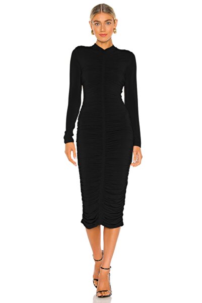 By Kul Design Μαύρο Γυναικείο Φόρεμα Midi Μεταξωτό Τζέρσεϊ - Με κορδόνια