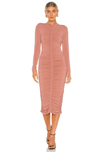 By Kul Design Γυναικείο φόρεμα από μεταξωτό ζέρσεϊ - Χρώμα πούδρας, σχέδιο με κορδόνια