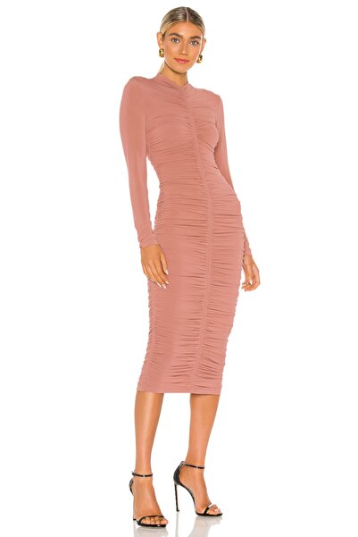 By Kul Design Γυναικείο φόρεμα από μεταξωτό ζέρσεϊ - Χρώμα πούδρας, σχέδιο με κορδόνια