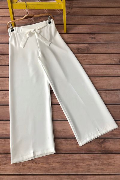 MODAQU Women's White Belted Wide Leg Trousers
