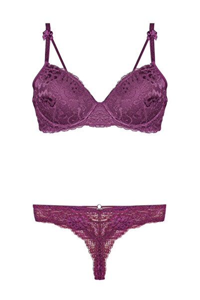 Genel Markalar Kadın Bordo Destekli Push-up Sütyen Ve String Takım 75-90b