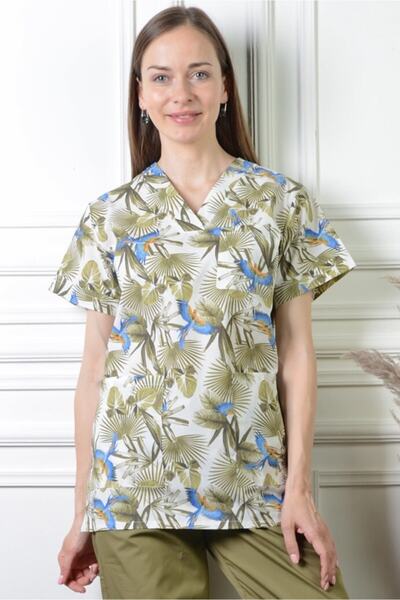 ModaCanel سترة علوية من الجيرسيه الطبية ذات طباعة استوائية على شكل حرف V من F...