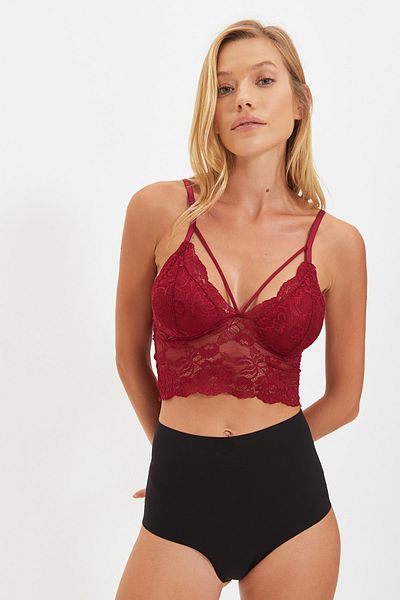 Trendyol Collection Dreieckiges Bustier mit Kordelzug aus bordeauxroter Spitze – ohne Polsterung und Bügel THMAW21SU0050