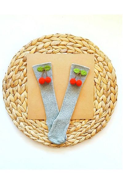Asa Bebek Çocuk Baby Girl Red Cherry Gray Knee Socks Baby Socks
