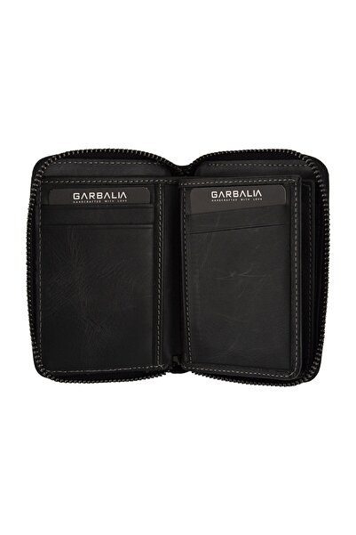 Garbalia Unisex Siyah Fargo Vintage Deri Fermuarlı Para Portföy