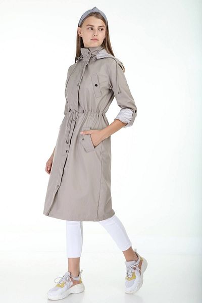 fehika Women's Soil Water Repellent Below Knee Hooded Lined Zippered Bondit Trench Coat