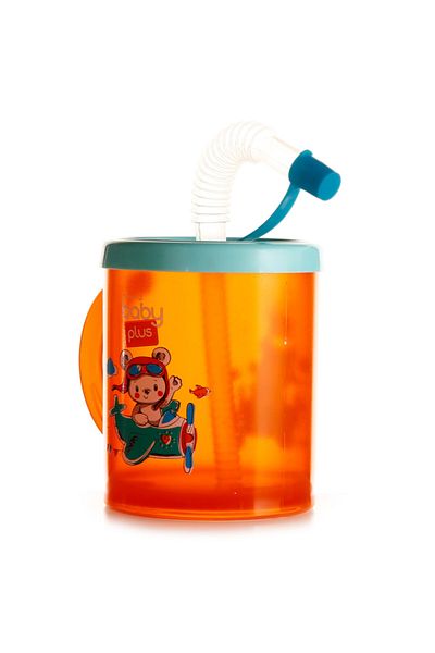 Baby Plus Baby Plus Patterned Glass with Straw Orange 210cc