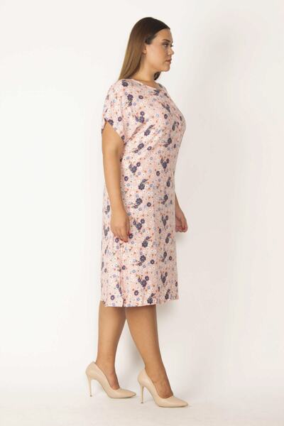 Şans Women's Large Size Salmon Front Half Patch Buttoned Waist Belted Woven Viscose Fabric Dress 65n27687