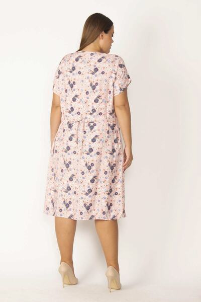 Şans Women's Large Size Salmon Front Half Patch Buttoned Waist Belted Woven Viscose Fabric Dress 65n27687