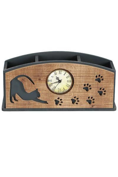 HobiMax Wooden Decorative Cat Figure Clock Pen Holder