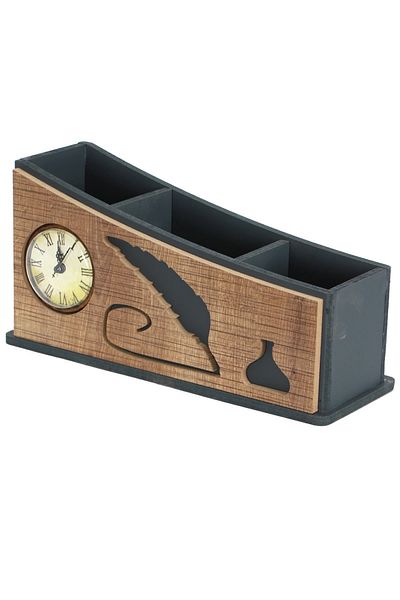 HobiMax Wooden Decorative Quill Pen Figured Pen Holder with Clock