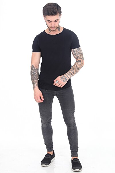THE ONE Erkek Siyah Pisyaka Likralı Kısa Kollu Slim Fit Tişört