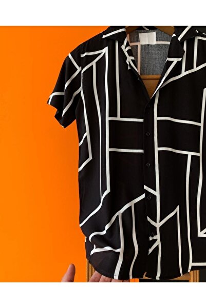 NO1 KONSEPT Λευκό ριγέ κοντό μανίκι Slim Fit Ανδρικό πουκάμισο Viscose Ύφασμα