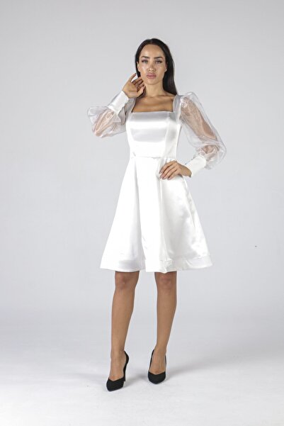 ALİS DRESS Transparan Kol Detaylı Ekru Saten Elbise