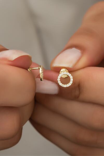 Nereze 925 Ayar Gümüş Gold Minik Yuvarlak Tasarım Küpe