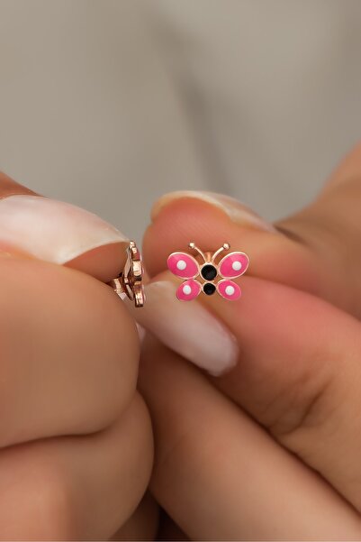 Nereze 925 Ayar Gümüş Minik Pembe Mineli Kelebek Küpe