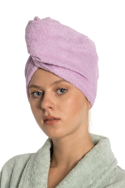 eumenia Lilac Colored Plain Eponj Towel - Buttoned Hair Drying Cap