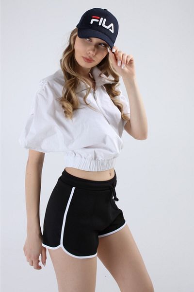 1Moda1Tarz Pantaloni scurți cu talie înaltă cu dungi din țesătură tricotată neagră, cu șireturi reglabile cu talie elastică
