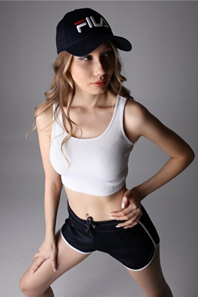 1Moda1Tarz Black Knitted Fabric Striped High Waist Shorts with Elastic Waist Adjustable Lacing