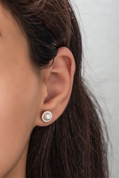 Nereze 925 Ayar Gümüş Rose Tektaş Inci Küpe