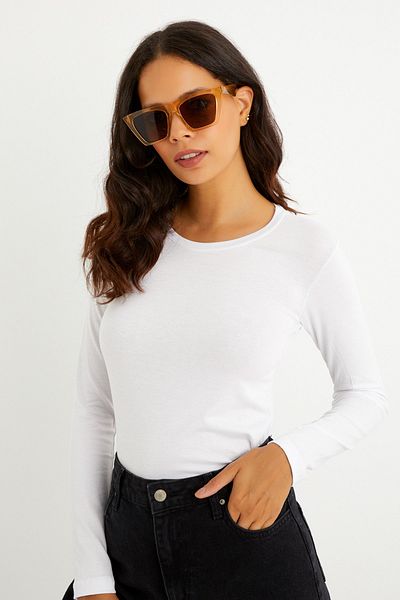 modavingo Women's White Crew Neck Long Sleeve Badi