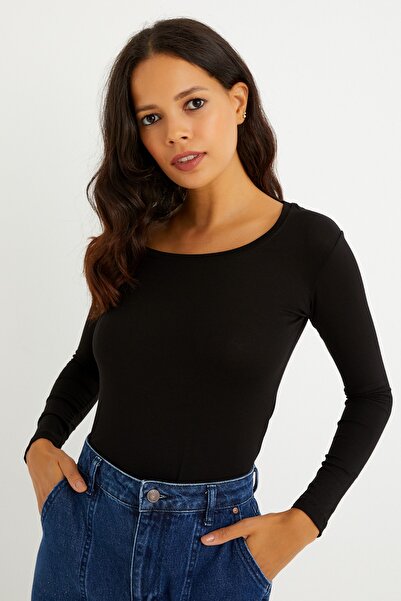 modavingo Kadın Siyah Kare Yaka Uzun Kol Basic Badi