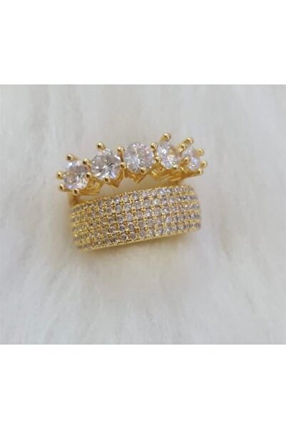 barisiva gold 22 Ayar Altın Kaplama Kadın Sıra Tamtur Yüzük Beş Taş Kombin Fi...